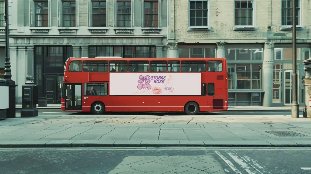 Kelly-ui.com, portfolio de Kelly, présente cette affiche Octobre Rose sur bus à impériale - campagne "Soyez fortes, soyez femmes, soyez fières"