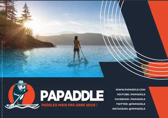 Brochure Papaddle, vente de planches de paddle - projet du portfolio Kelly-ui.com présentant une pagayeuse au coucher du soleil sur un lac, logo panda et réseaux sociaux de la marque