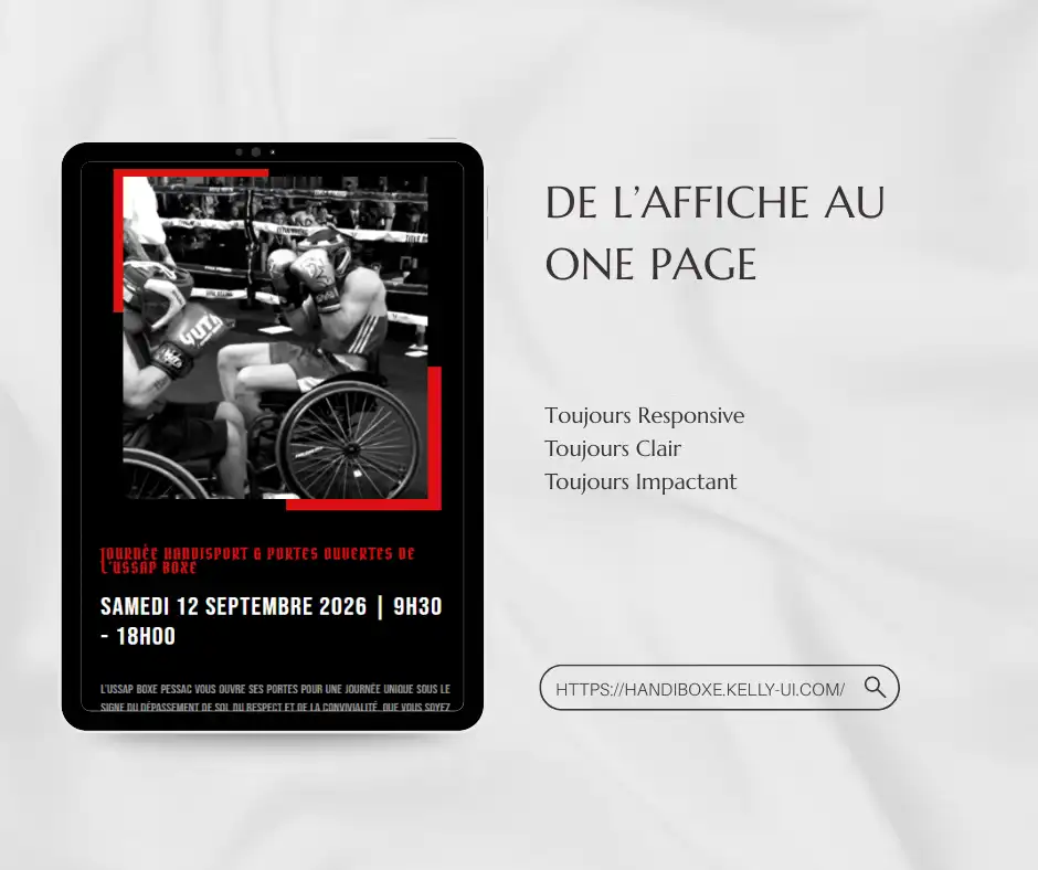 Site one page responsive Handi Boxe, de l'affiche au digital - conception UI disponible sur handiboxe.kelly-ui.com, un projet de mon portfolio