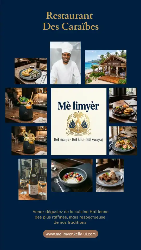 Portfolio Kelly-ui.com - page d'actualité façon Instagram pour le restaurant Mè limyèr, mosaïque de photos culinaires haïtiennes, chef et cadre en bord de mer