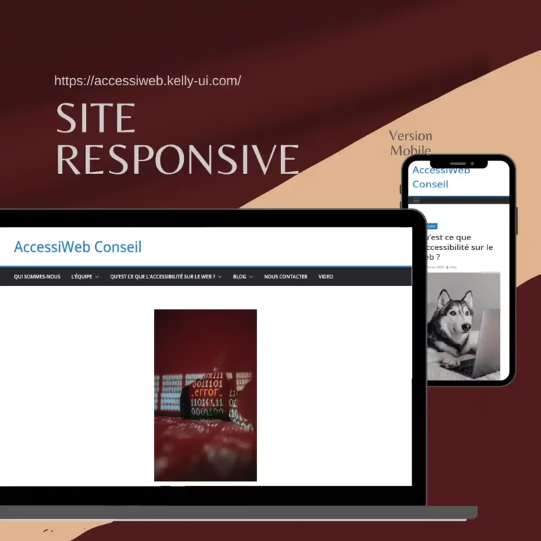 Version responsive du site AccessiWeb Conseil sur ordinateur et mobile, disponible sur accessiweb.kelly-ui.com - premier projet web de mon portfolio