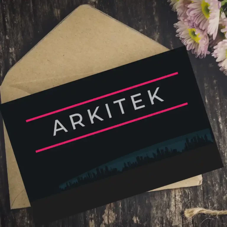 Carte avec ville arkitek city : Carte évènement ARKITEK et son enveloppe kraft, skyline architecturale sur fond noir - kelly-ui.com, portfolio où retrouver ce projet
