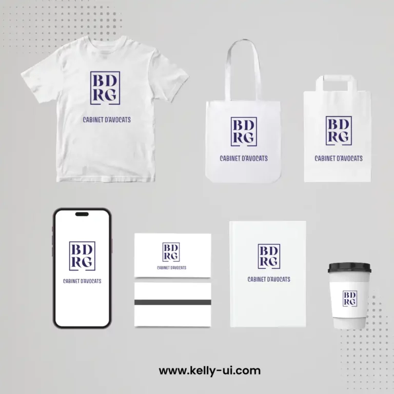 Kelly-ui.com, mon site portfolio, présente ce mockup goodies BDRG - t-shirt, tote bag, carnet, gobelet et carte de visite pour ce cabinet d'avocats