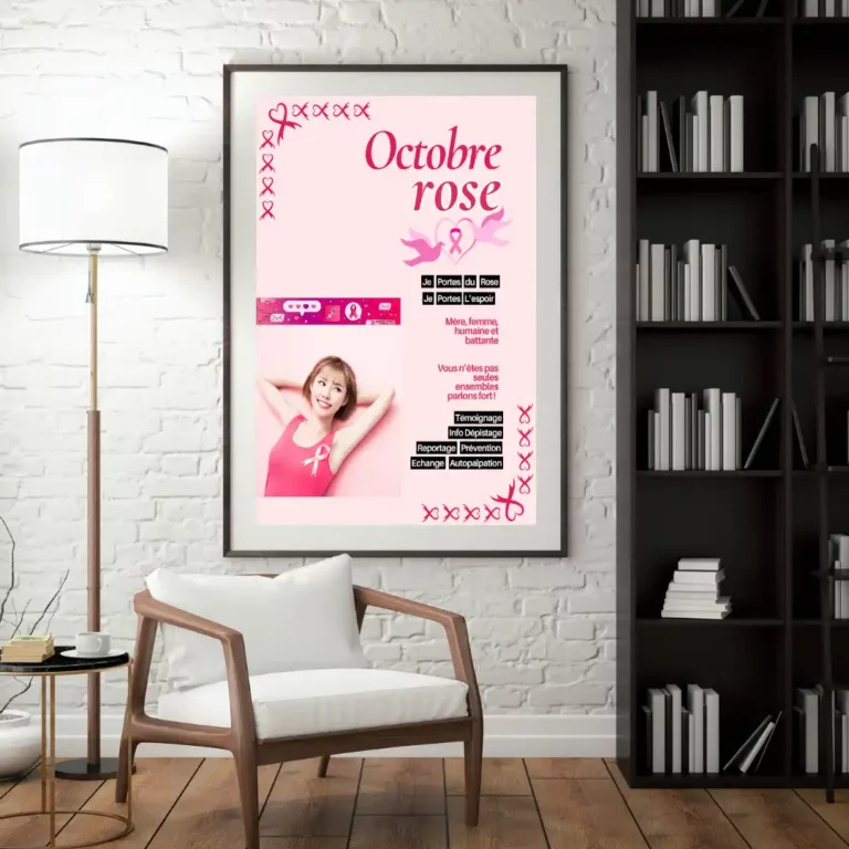 Affiche Octobre Rose encadrée en salon, campagne de sensibilisation au cancer du sein - projet Espoir Rose issu de mon portfolio, kelly-ui.com