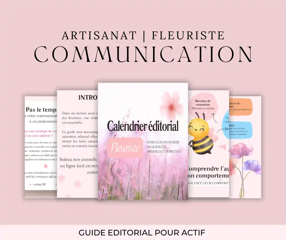 Mockup calendrier éditorial pour fleuristes - projet extrait du portfolio de Kelly-ui.com, guide de communication artisanat floral avec pages sur l'audience et les tendances saisonnières