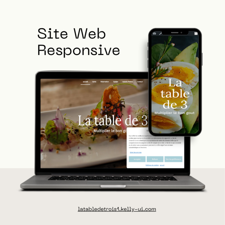 Site web responsive La Table de 3 sur laptop et mobile, restaurant gastronomique avec plat en gros plan - disponible sur latabledetrois1.kelly-ui.com, un projet de mon portfolio