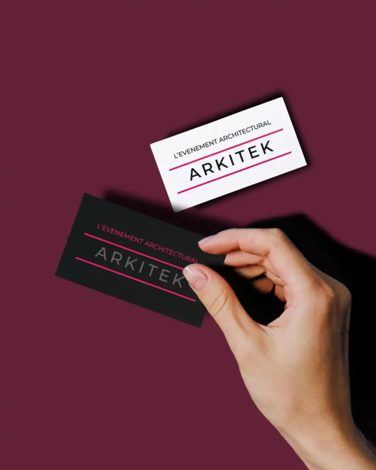 Cartes de visite du logo ARKITEK, événement architectural en noir, blanc et rose - projet à consulter sur kelly-ui.com, mon site portfolio