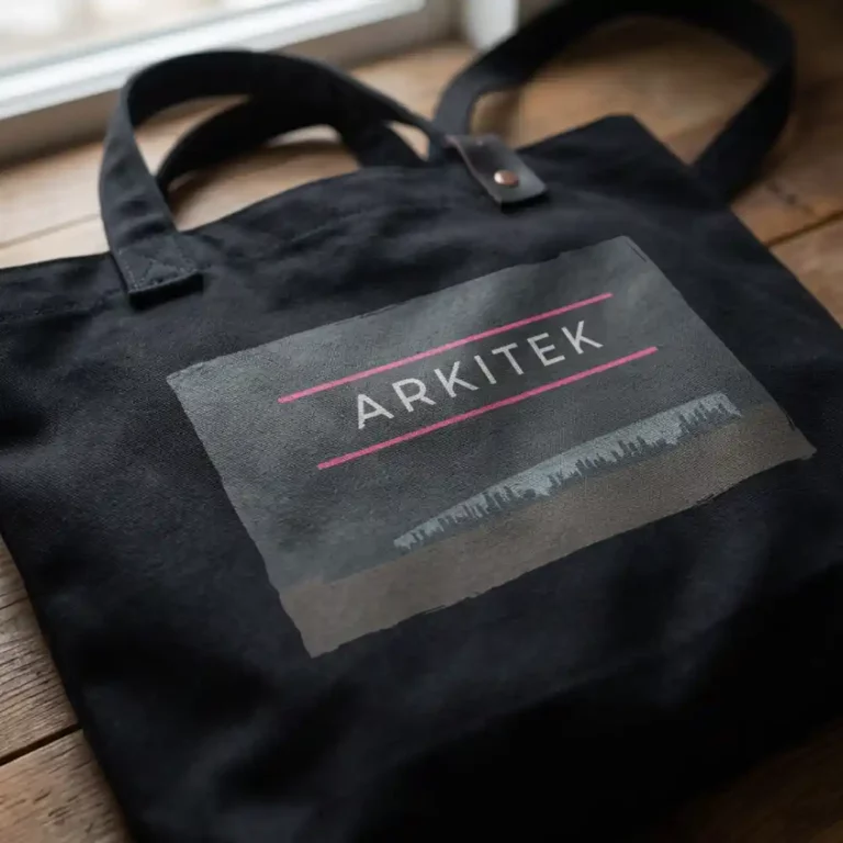 Tote bag en toile noire floqué du logo ARKITEK et d'une skyline urbaine - un des visuels imaginés pour kelly-ui.com, mon portfolio en ligne