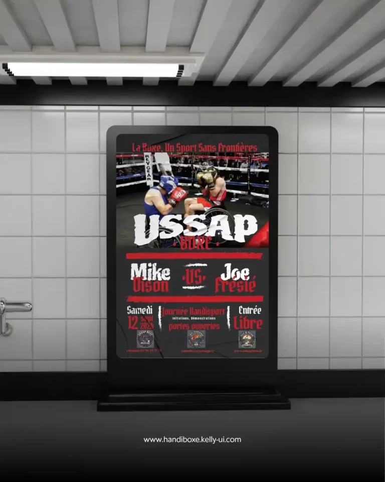Affiche print USSAP Boxe pour la journée handisport, boxeurs en fauteuil sur le ring - Kelly-ui.com, mon portfolio, présente ce visuel événementiel