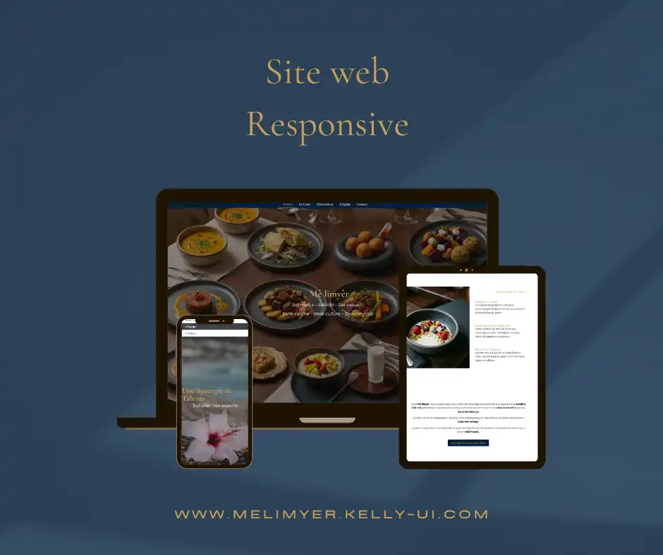 Site web responsive Mè limyèr sur laptop, tablette et mobile, restaurant caribéen avec plats haïtiens en photo - troisième site web réalisé, disponible sur melimyer.kelly-ui.com, projet phare de mon portfolio